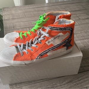 Golden Goose Slide High-Top Sneakers in Orange Fluo/Ice/Black US 12.5/EU 45-46